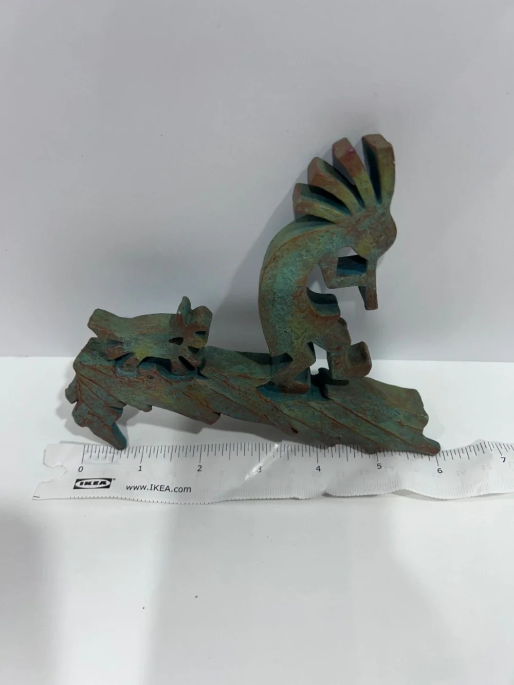Vintage Native Kokopelli w/dog corner shelf accent patina cast iron rustic- 6x5